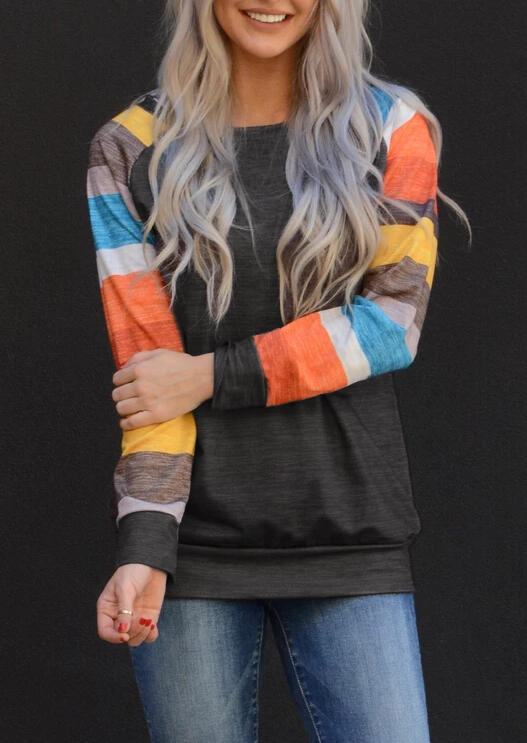 

Color Block Striped O-Neck Blouse - Dark Grey, 454869