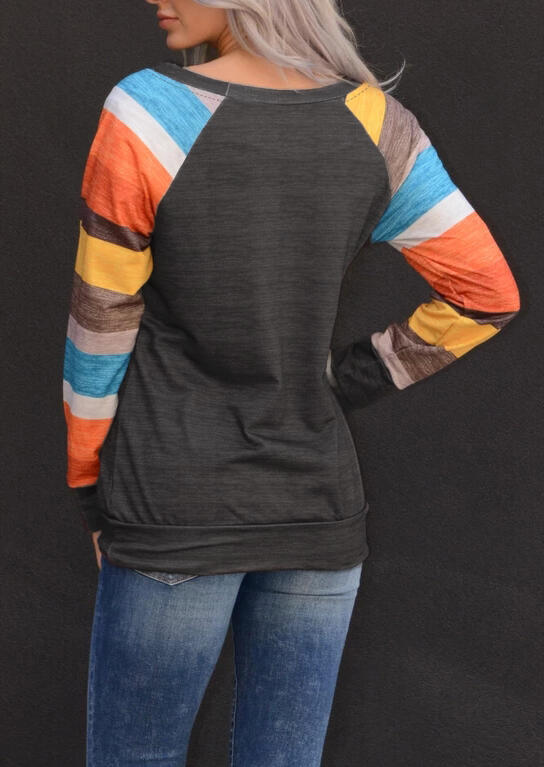 Color Block Striped O-Neck Blouse - Dark Grey