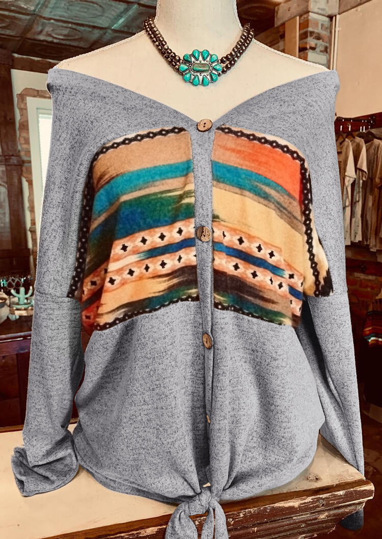 

Blouses Printed Splicing Button Tie Blouse without Necklace - Gray. Size