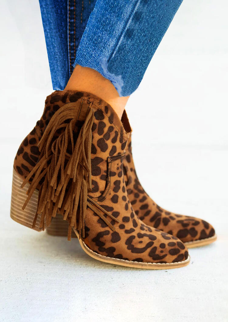 

Boots Leopard Printed Fringe Zipper Pointed Toe Boots. Size: ,39,40