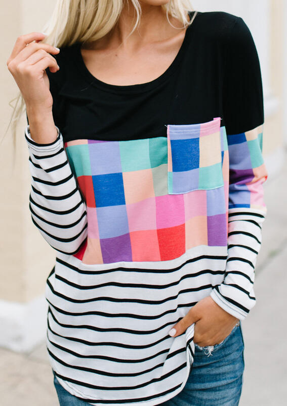 

Colorful Plaid Striped Pocket Blouse - Multicolor, 454715