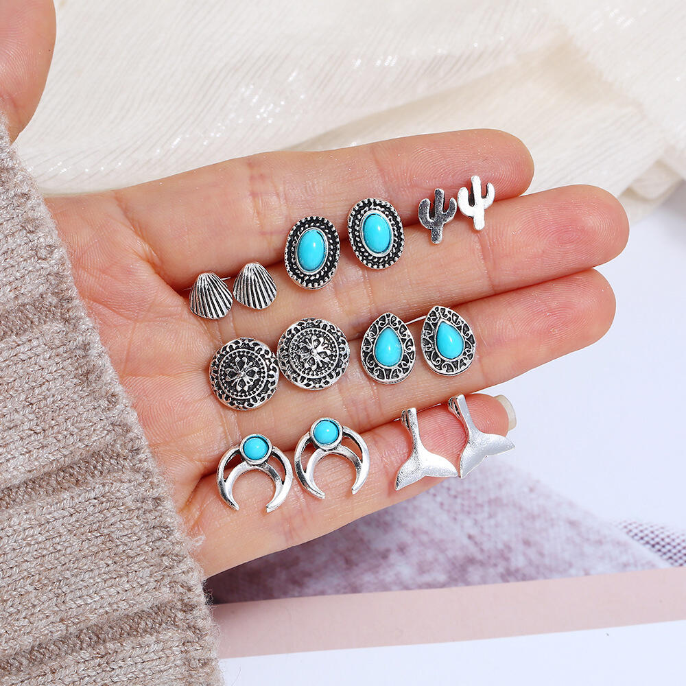

Earrings Shell Turquoise Cactus Bohemia Vintage Earring Set. Size, Silver