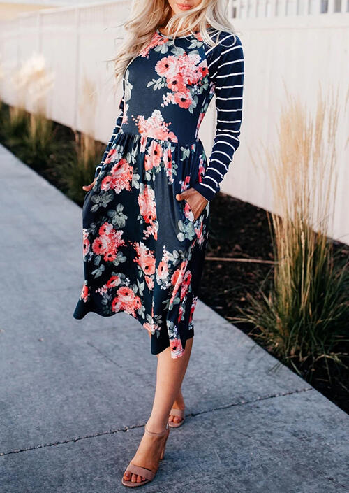 

Casual Dresses Floral Striped Pocket Long Sleeve Casual Dress - Navy Blue. Size