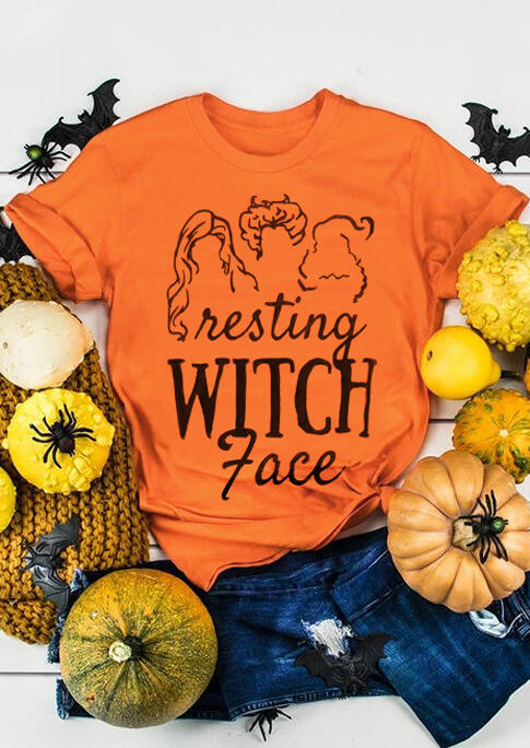 

Tees T-shirts Halloween Resting Witch Face O-Neck T-Shirt Tee - Orange. Size