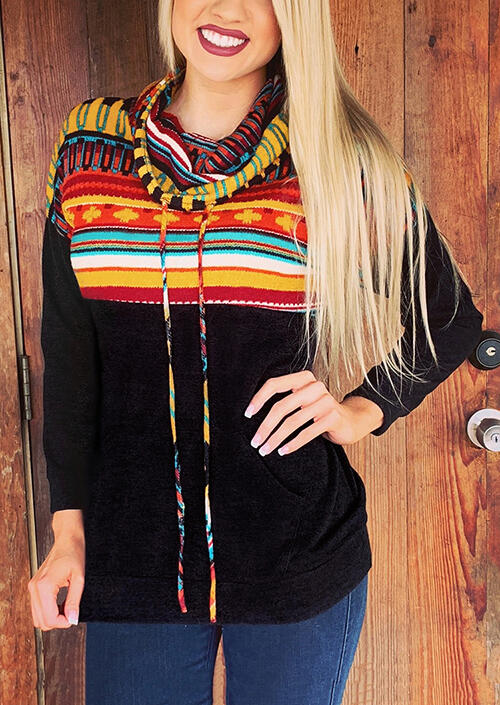 

Striped Printed Drawstring Pocket Cowl Neck Sweatshirt - Black, 454768