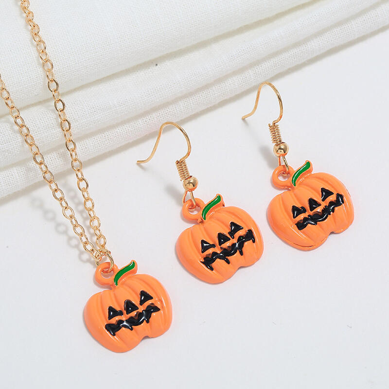 

Halloween Pumpkin Ghost Pendant Necklace And Earrings Set, Orange, 454948