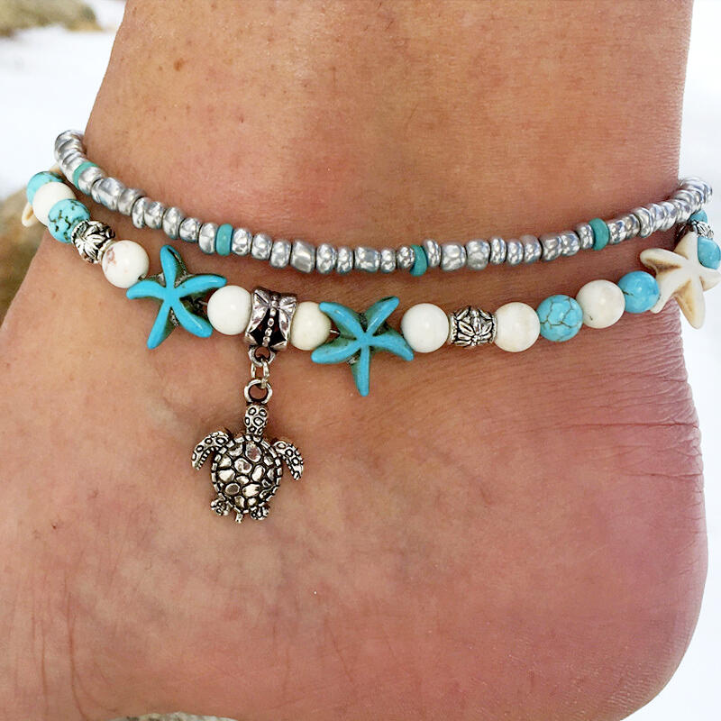 

Bohemian Dual-Layered Turtle Beach Anklet, Blue, 454991
