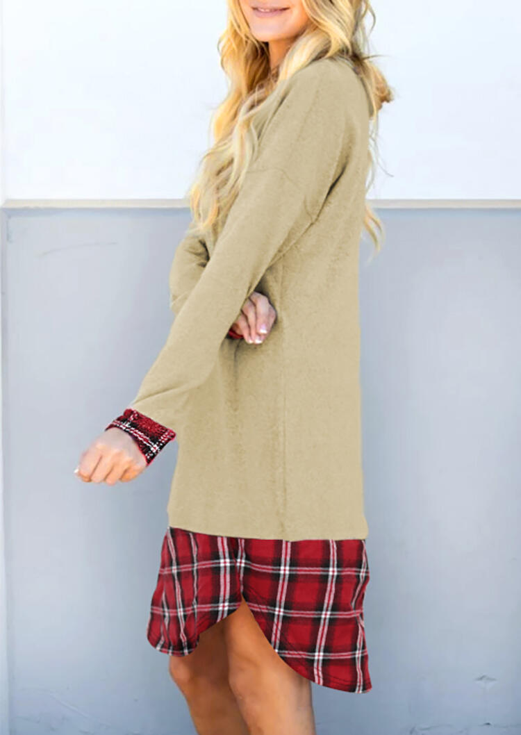 

Plaid Splicing Long Sleeve Casual Dress - Khaki, 454993