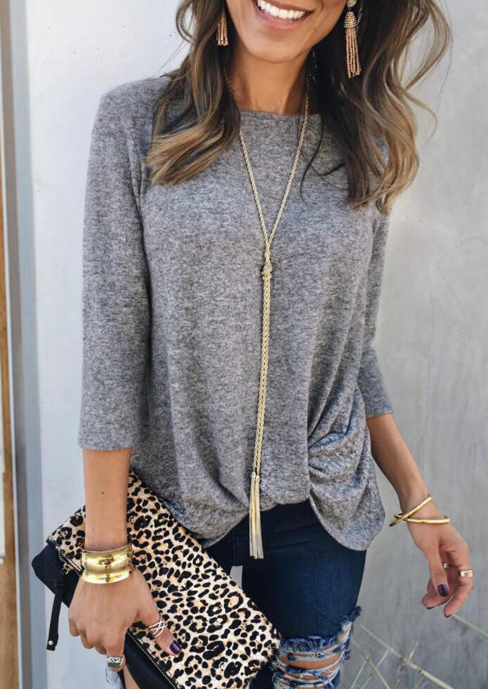 

Solid Twist Three Quarter Sleeve T-Shirt Tee without Necklace - Gray, 455029