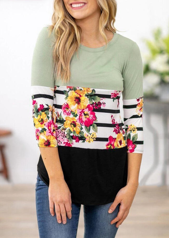 

Tees T-shirts Floral Color Block Splicing T-Shirt Tee - Light Green. Size