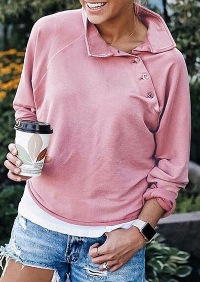 

Solid Oblique Stand Collar Button Long Sleeve Sweatshirt - Pink, 455048