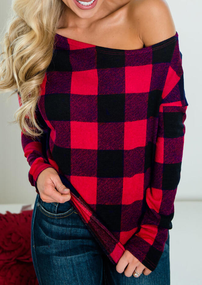 Red Black Plaid Off Shoulder Blouse For Women in Red. Size: L,M,S,XL