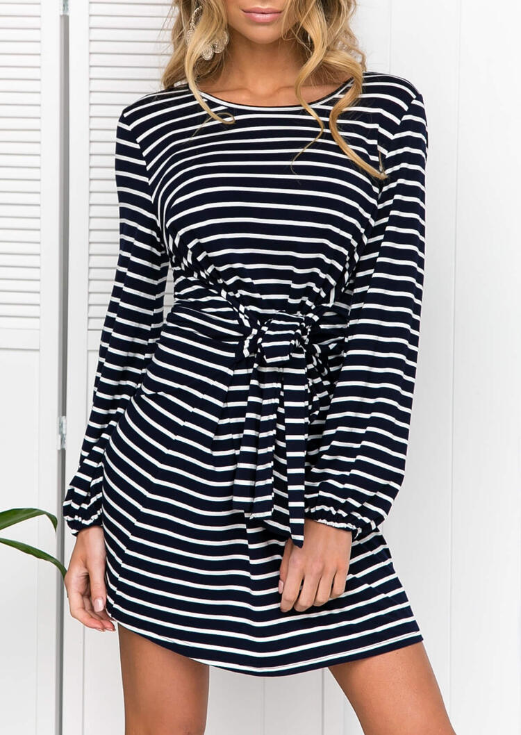 

Striped Tie Long Sleeve Casual Dress, 455069, Stripe