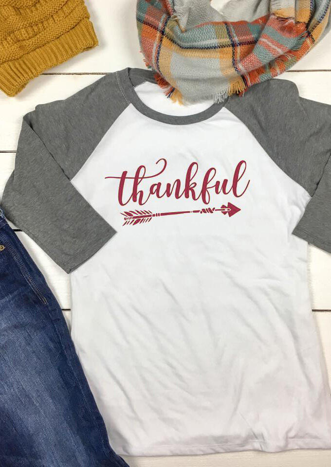 

Tees T-shirts Thankful Arrow Printed O-Neck T-Shirt in White. Size