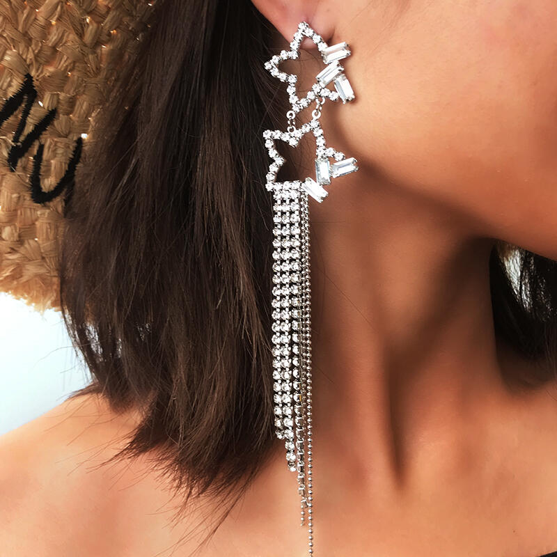 

Glitter Rhinestone Star Long Tassel Earrings, 455101, Silver