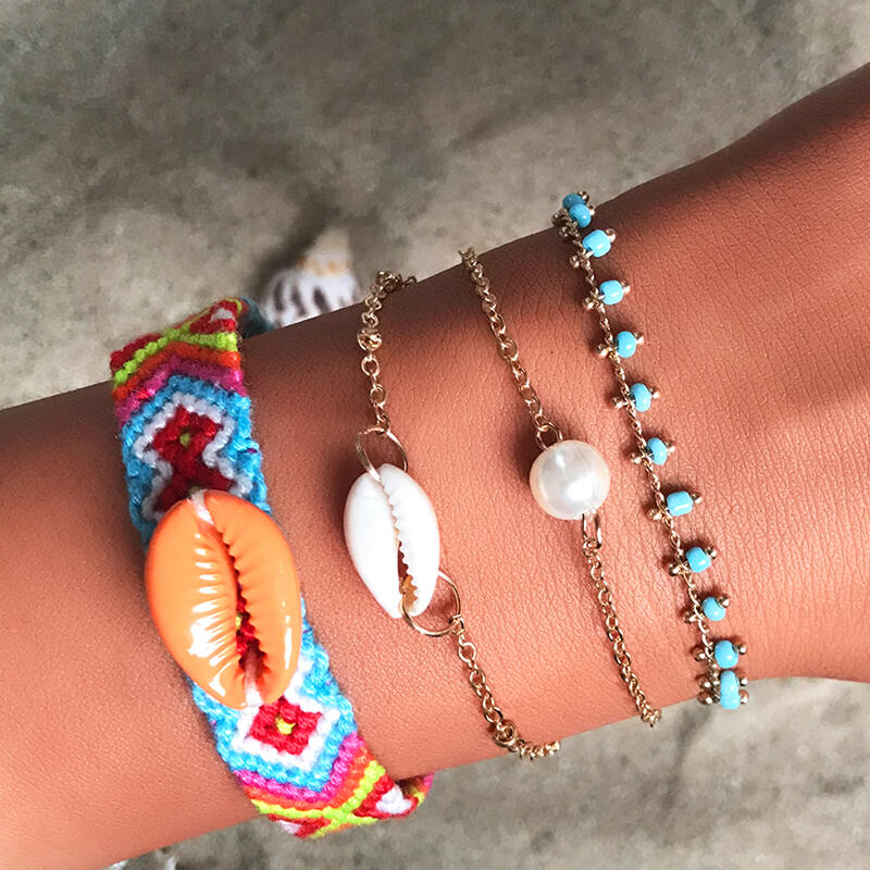 

Handmade Woven Pearl Shell Bracelet Set, 455103, Gold