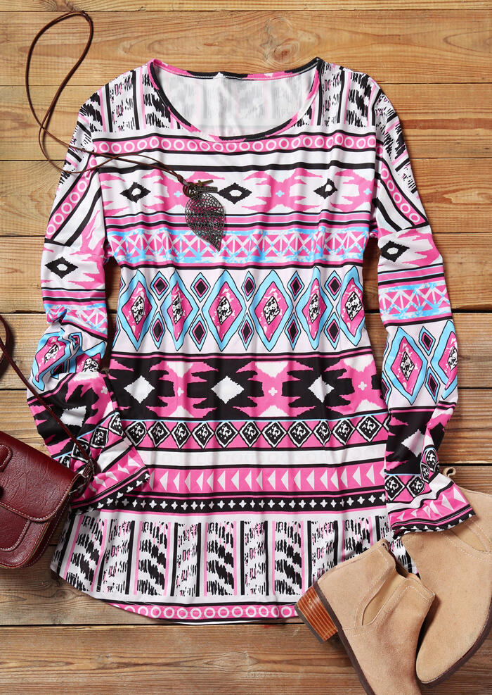 

Blouses Aztec Geometric Printed O-Neck Blouse - Pink. Size