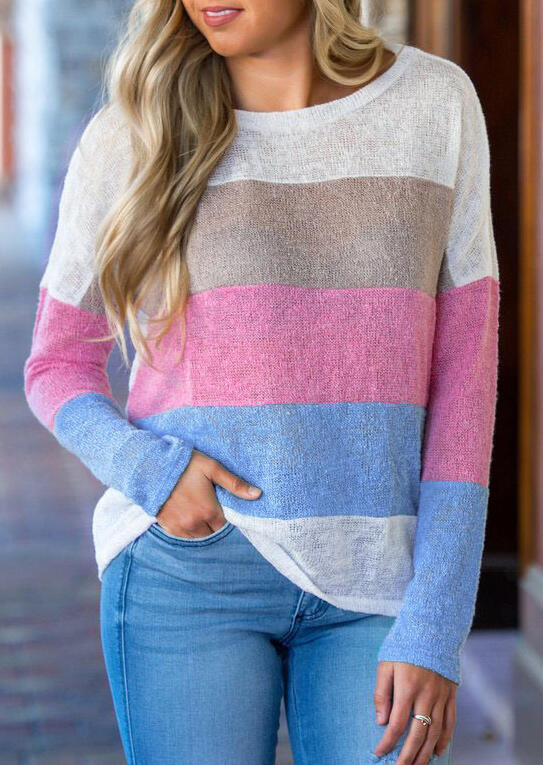 

Striped Color Block O-Neck Blouse, Stripe, 455154