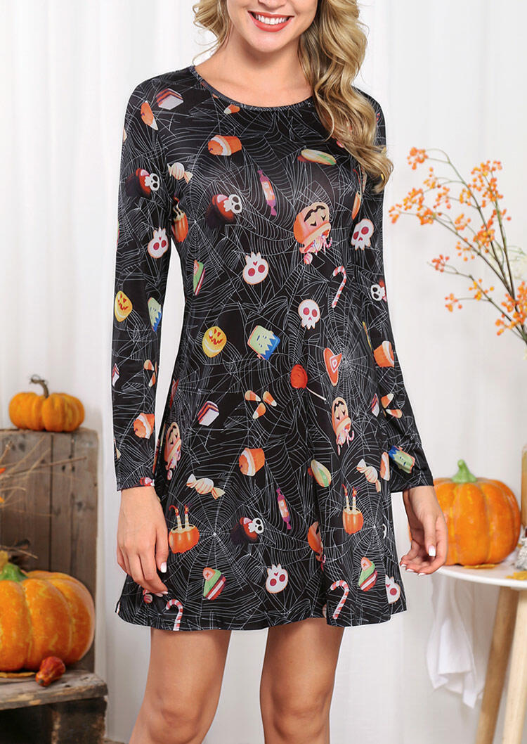 

Halloween Printed Long Sleeve Mini Dress - Black, 454720