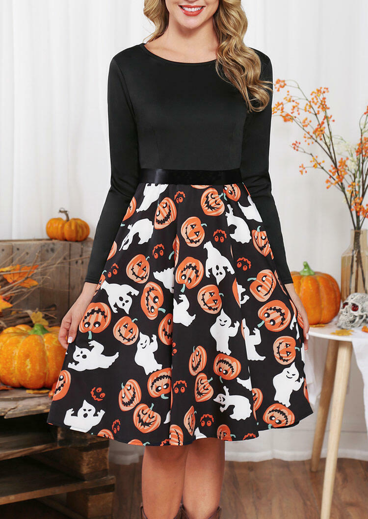 

Halloween Pumpkin Face Long Sleeve Party Dress - Black, 454793