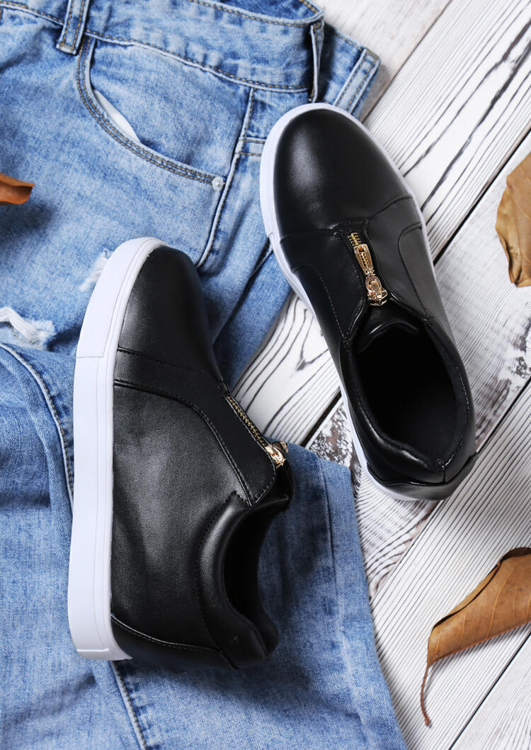 

Solid Round Toe Zipper Wedge Sneakers - Black, 455032