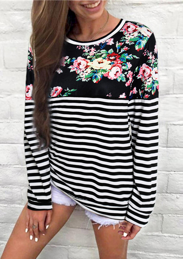 

Striped Splicing Floral T-Shirt Tee without Necklace, Stripe, 455116