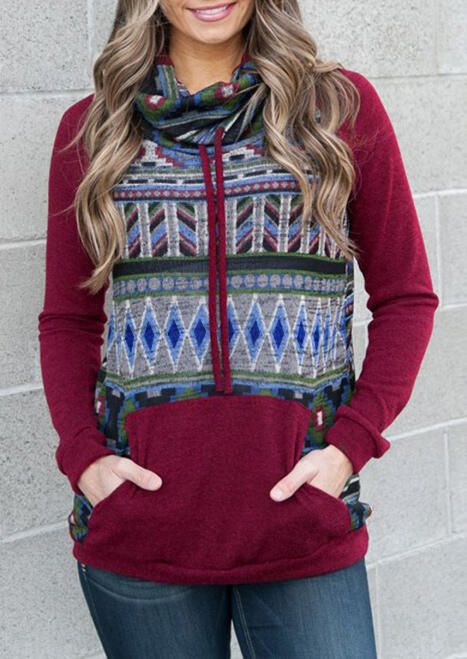 

Hoodies & Sweatshirts Aztec Geometric Printed Kangaroo Pocket Sweatshirt - Burgundy. Size: S,M