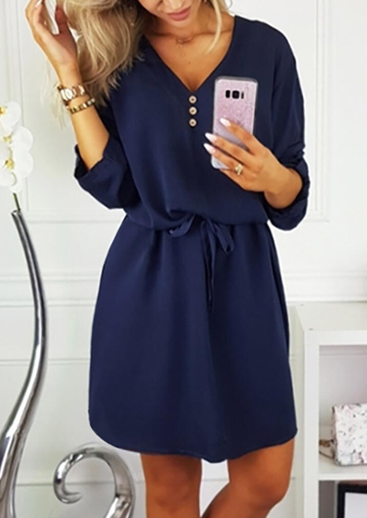 

Solid Button Tie Mini Dress - Navy Blue, 455180