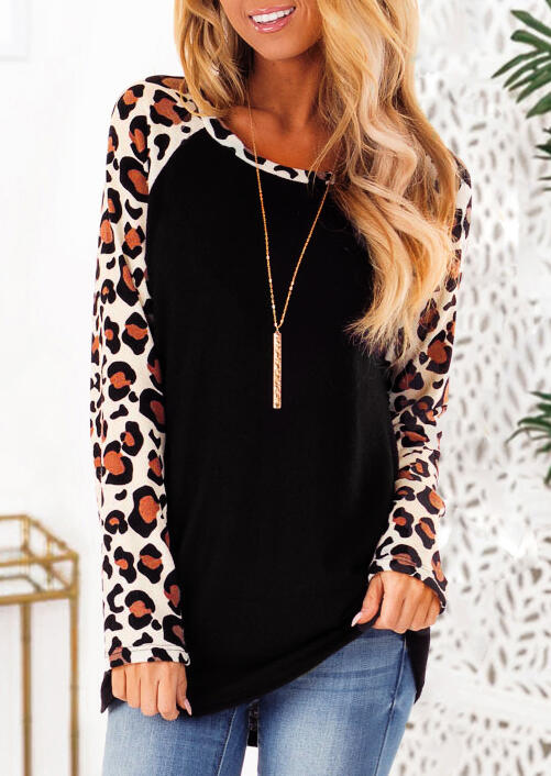 

Tees T-shirts Leopard Printed Splicing Long Sleeve T-Shirt Tee without Necklace - Black. Size: S,M,,XL