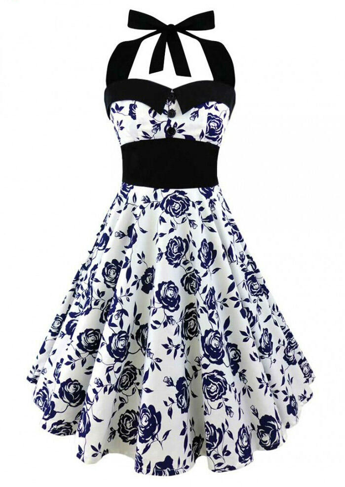

Skull Floral Button Halter Mini Dress, Blue, 131506