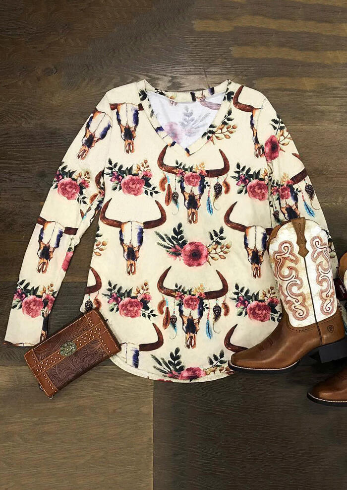 

Tees T-shirts Floral Steer Skull V-Neck T-Shirt Tee - Cream. Size: ,M