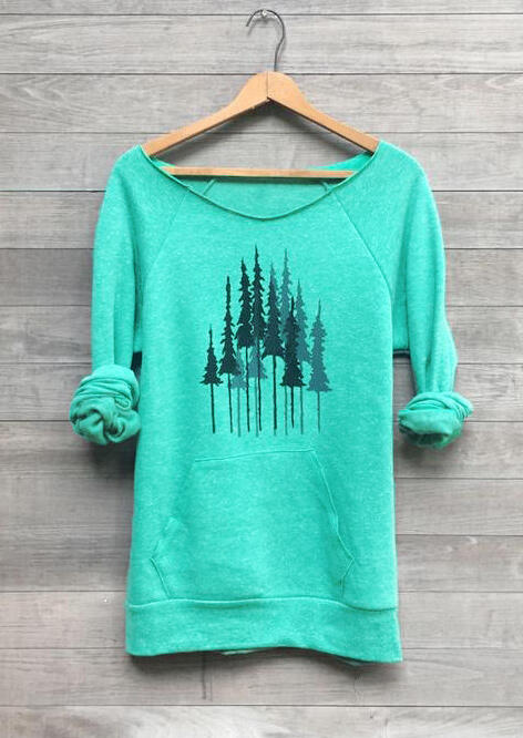 

Hoodies & Sweatshirts Trees O-Neck Kangaroo Pocket Sweatshirt - Green. Size
