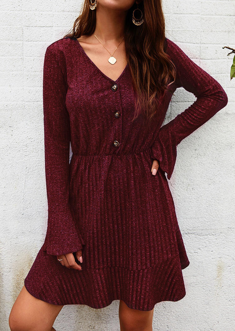 

Solid Ruffled Button Flare Sleeve Mini Dress without Necklace- Burgundy, 455194