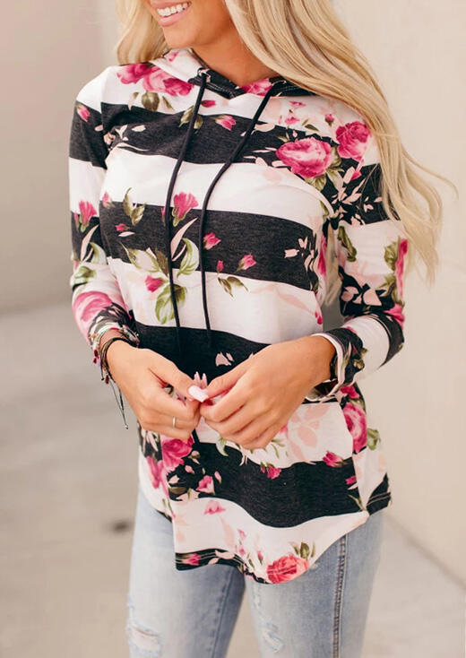 

Floral Striped Drawstring Hoodie, Stripe, 455232