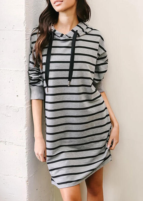 

Striped Long Sleeve Hooded Mini Dress - Gray, 455195