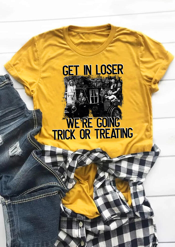 

Tees T-shirts Get In Loser We Are Going Trick Or Treating T-Shirt Tee - Yellow. Size: S,M
