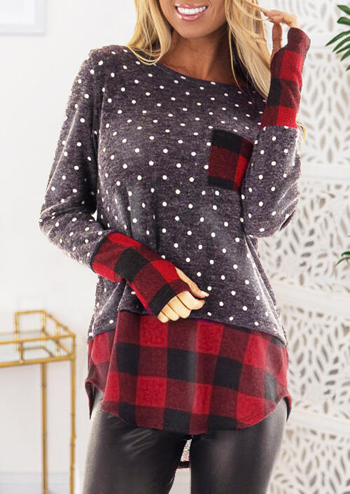 

Blouses Polka Dot Plaid Splicing Asymmetric Blouse - Dark Grey. Size