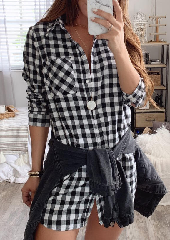 

Mini Dresses Plaid Button Long Sleeve Mini Dress without Necklace. Size