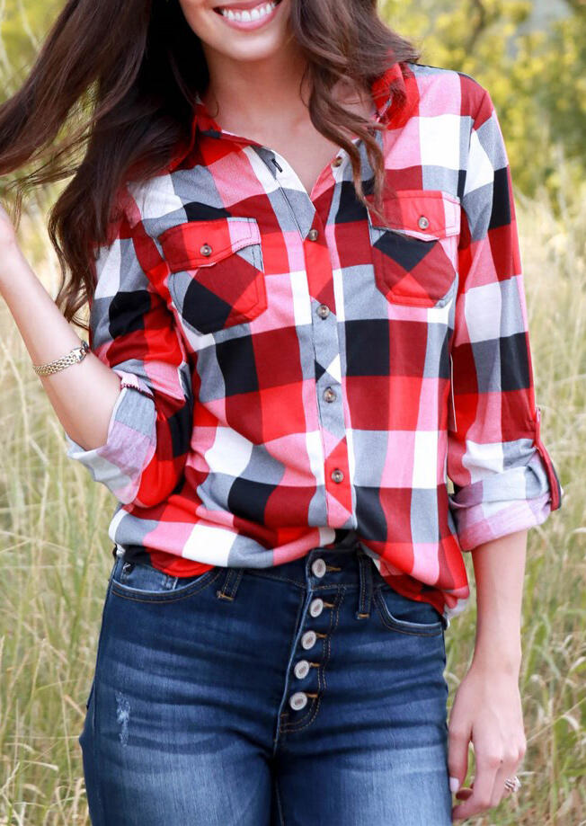 

Shirts Plaid Dual-Pocket Button Long Sleeve Shirt. Size