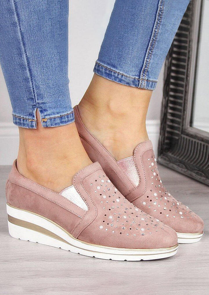 

Rhinestone Round Toe Wedge Sneakers - Pink, 455242