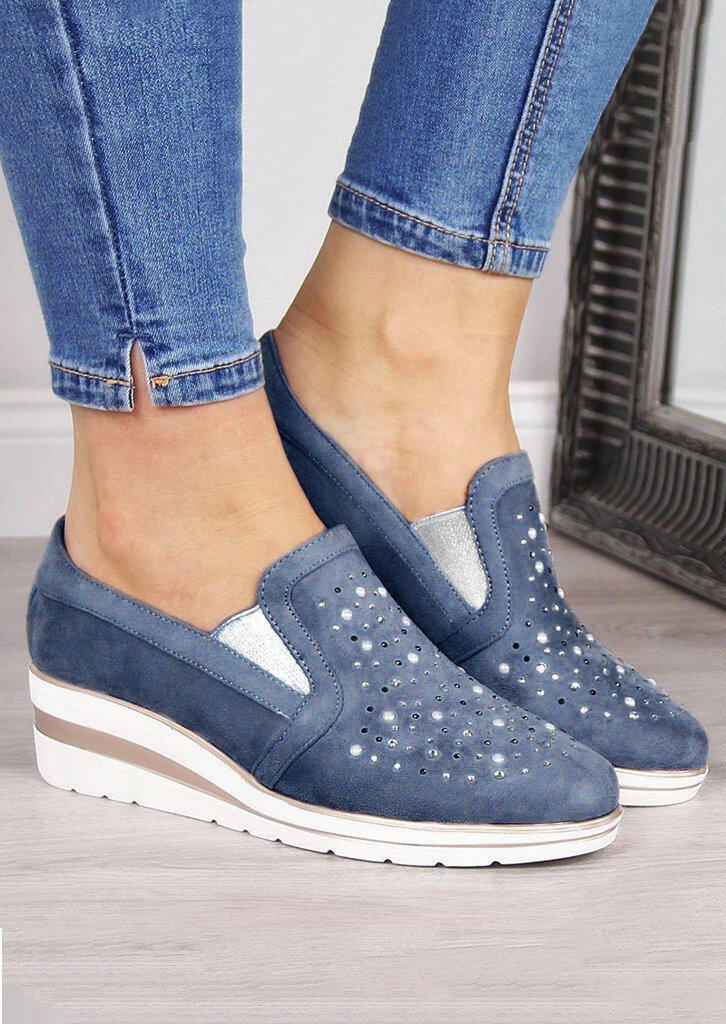 

Rhinestone Round Toe Wedge Sneakers - Blue, 455244