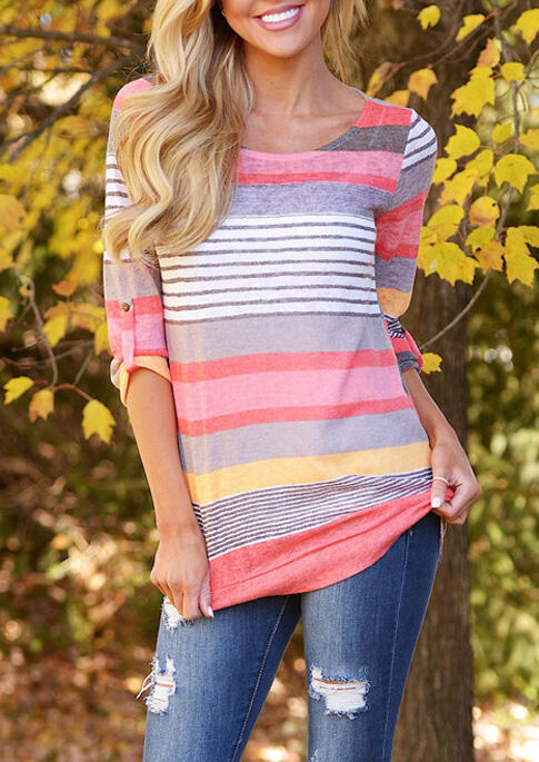 

Striped Color Block O-Neck T-Shirt Tee, Stripe, 455250