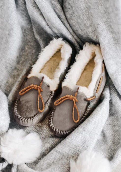 

Winter Tie Slip-On Round Toe Fur Flats - Gray, 455258