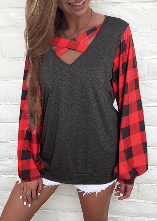 

Plaid Splicing Criss-Cross Blouse without Necklace - Dark Grey, 455259
