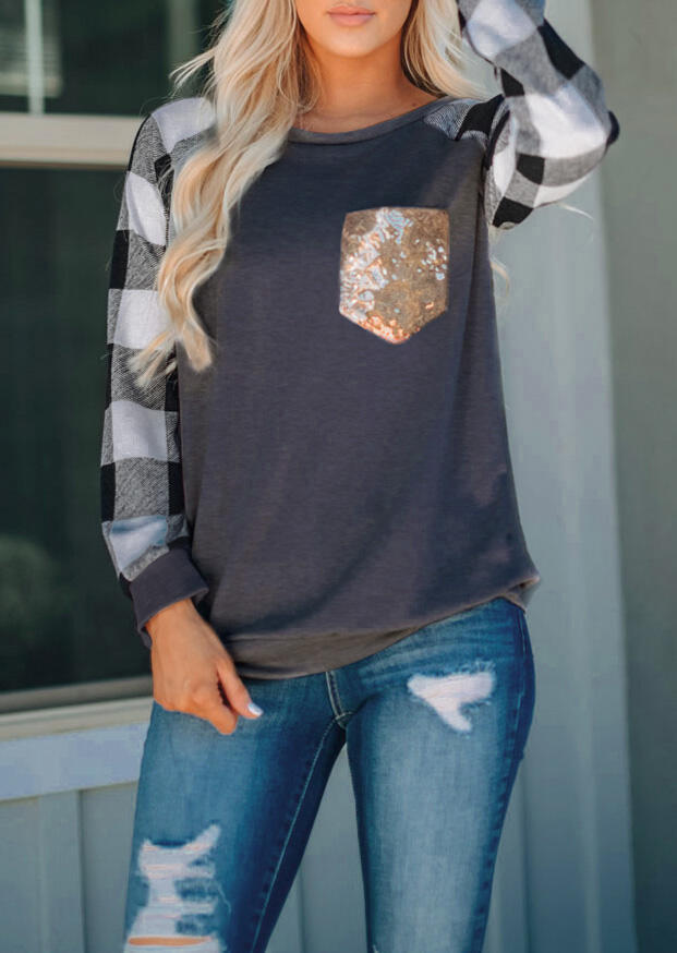 

Plaid Splicing Sequined Pocket T-Shirt Tee - Dark Grey, 455271