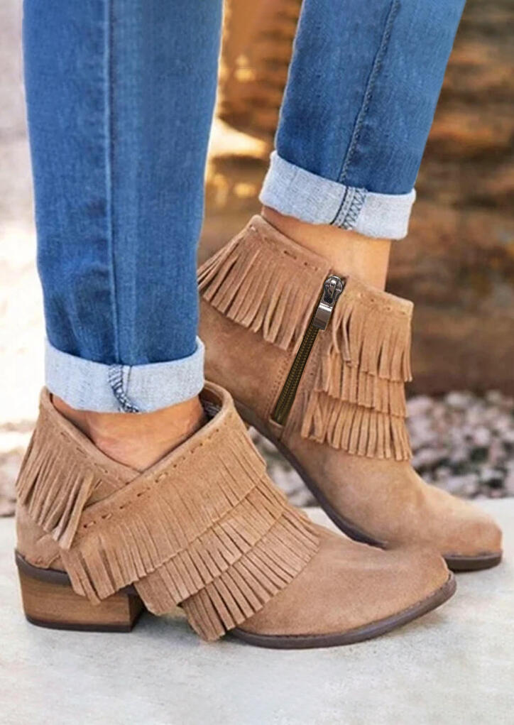 

Tassel Zipper Round Toe Ankle Boots - Khaki, 455309