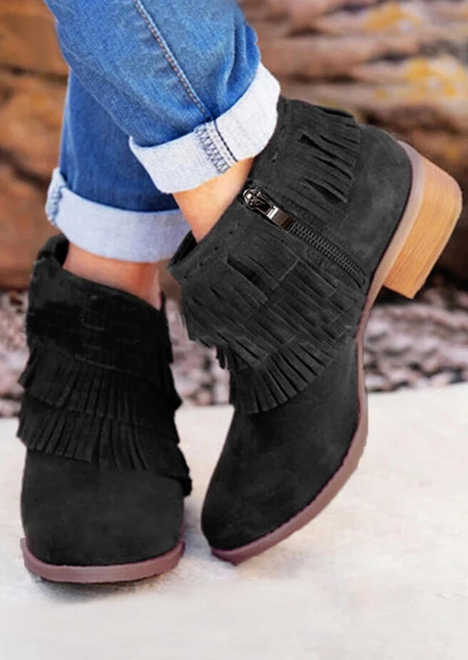 

Boots Tassel Zipper Round Toe Ankle Boots - Black. Size: ,41