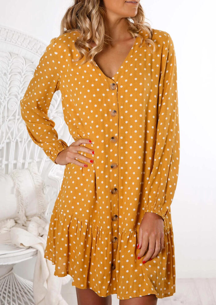 

Polka Dot Button Ruffled V-Neck Mini Dress - Yellow, 455314