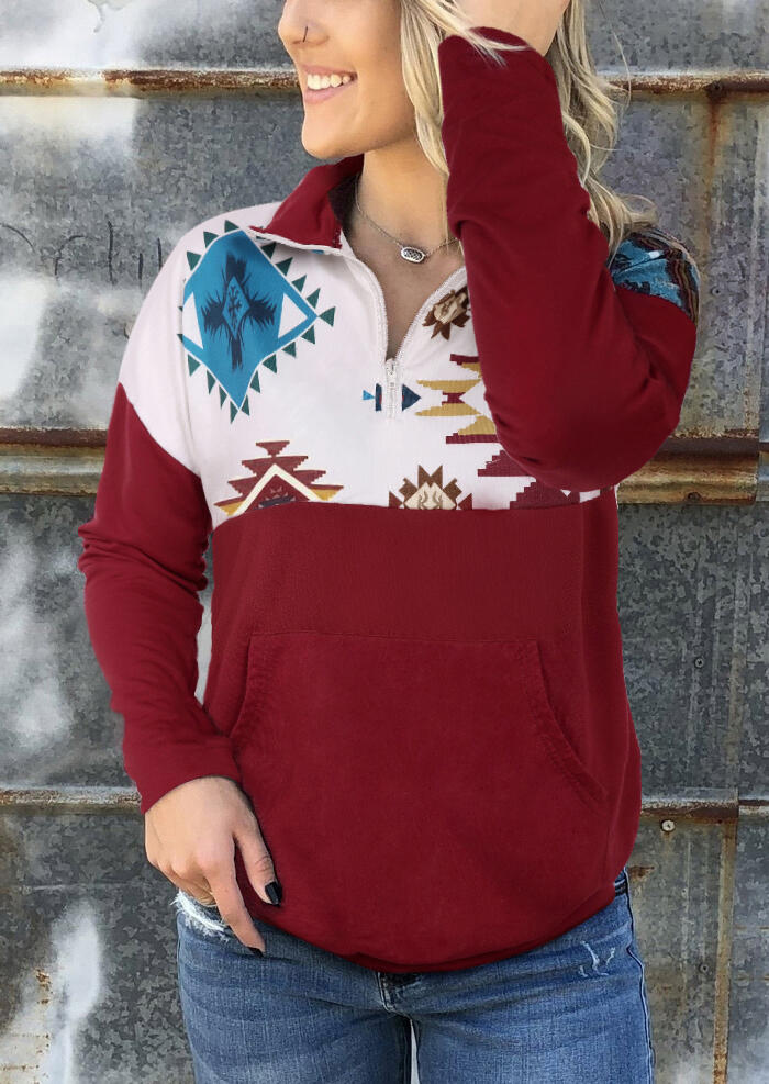 

Aztec Geometric Printed Sweatshirt without Necklace - Burgundy, 454646