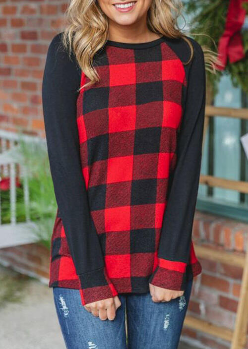 Plaid Splicing Long Sleeve T-Shirt Tee - Red